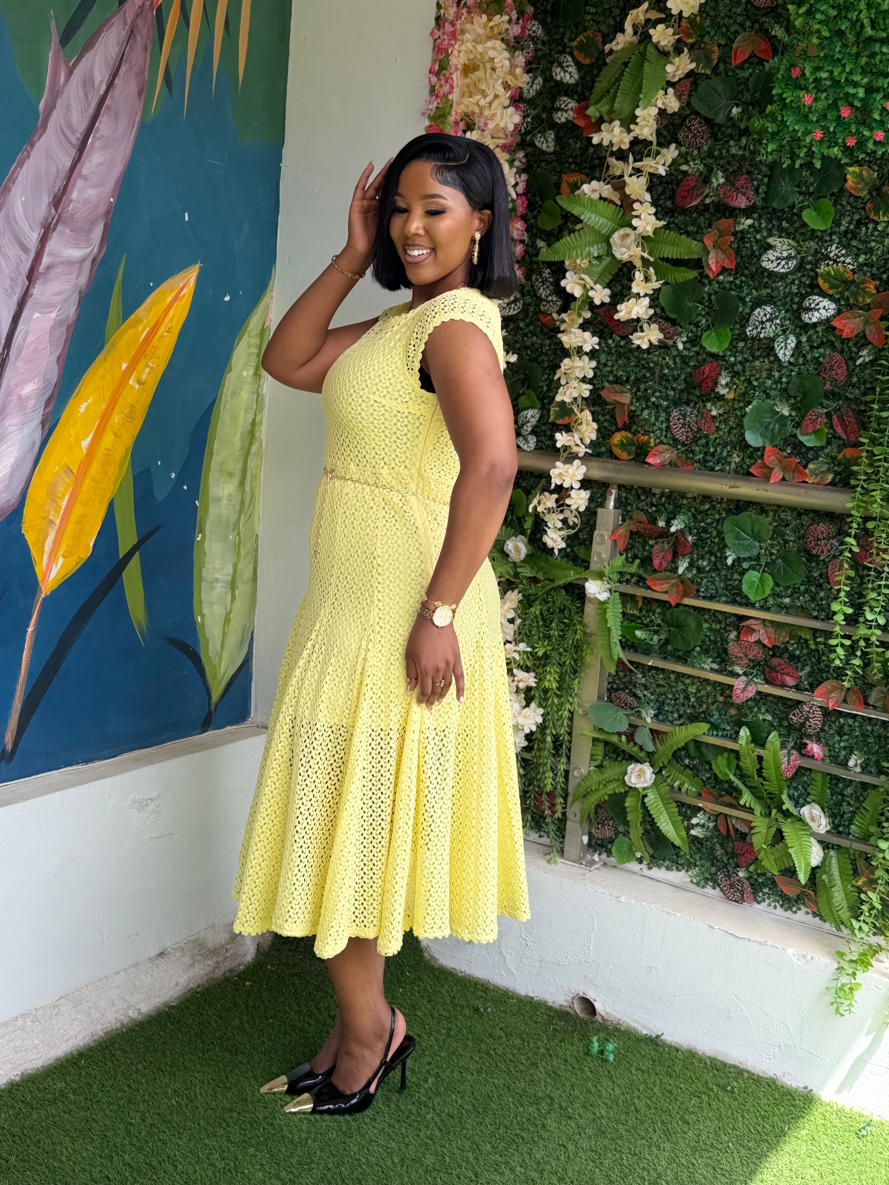 Yellow Lace Chain Belt Dress