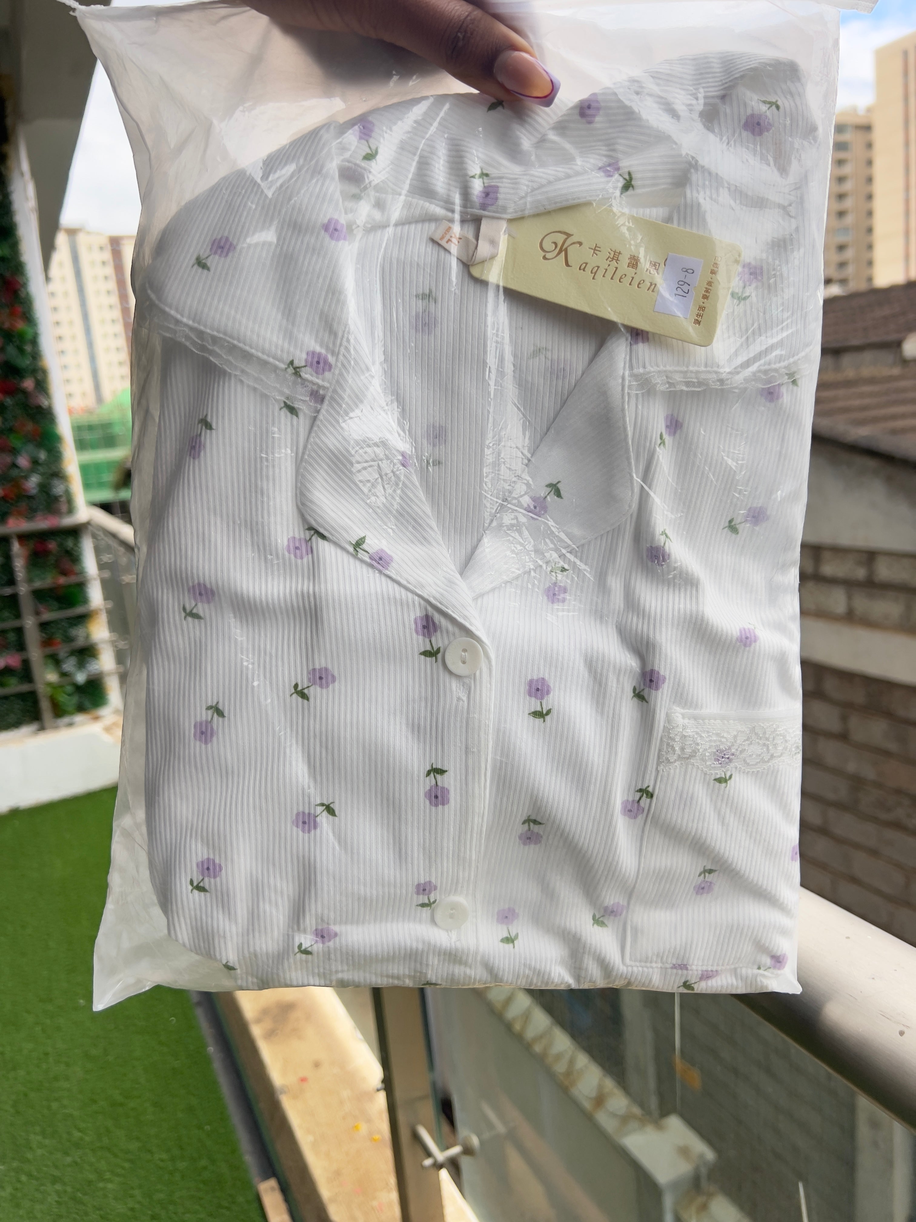 White with purple floral prints