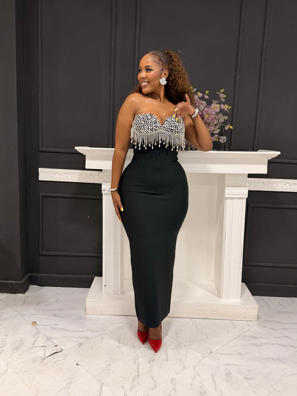 Goddess Off-Shoulder Chain Dress