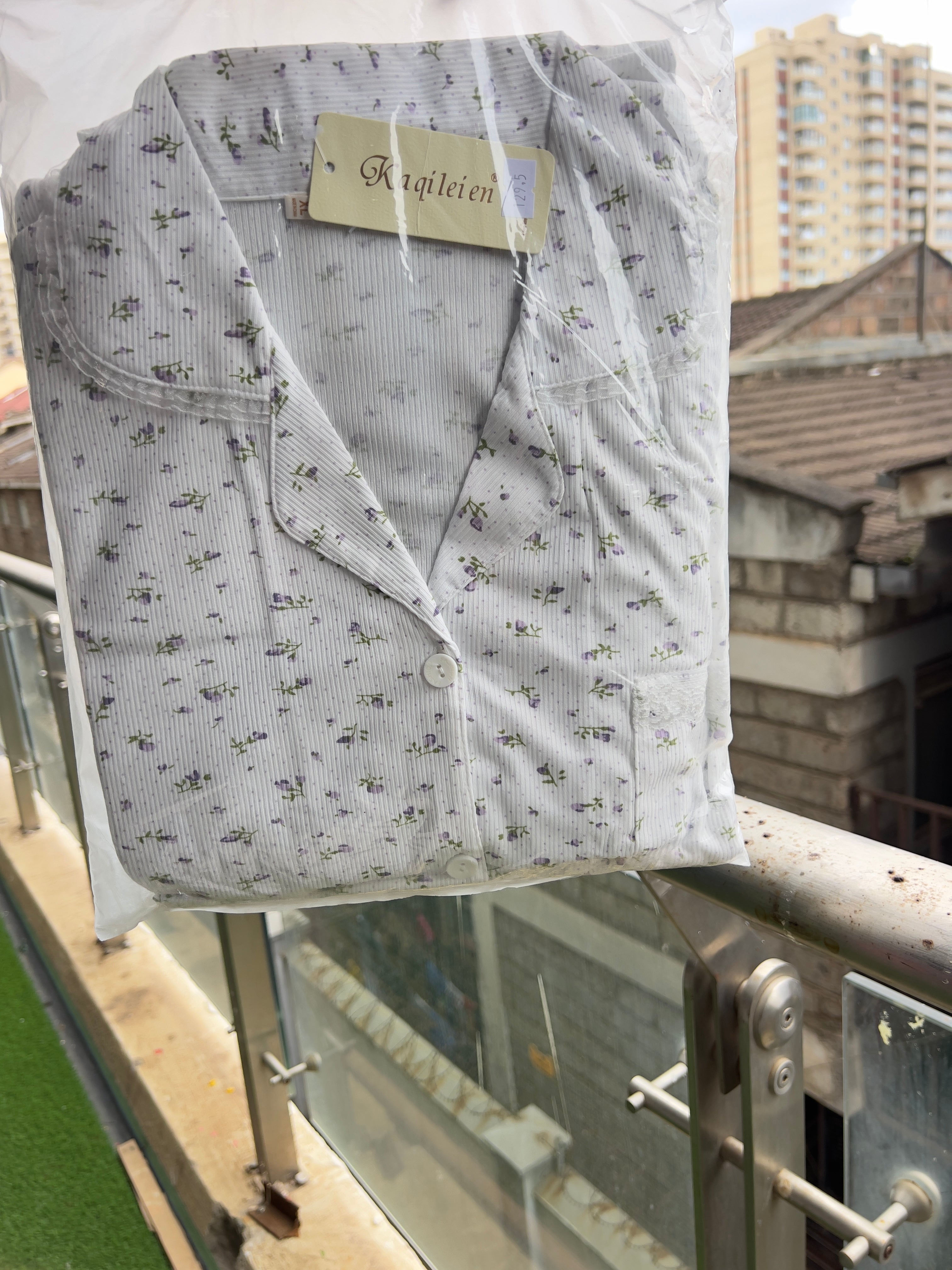 White with green&purple floral pattern