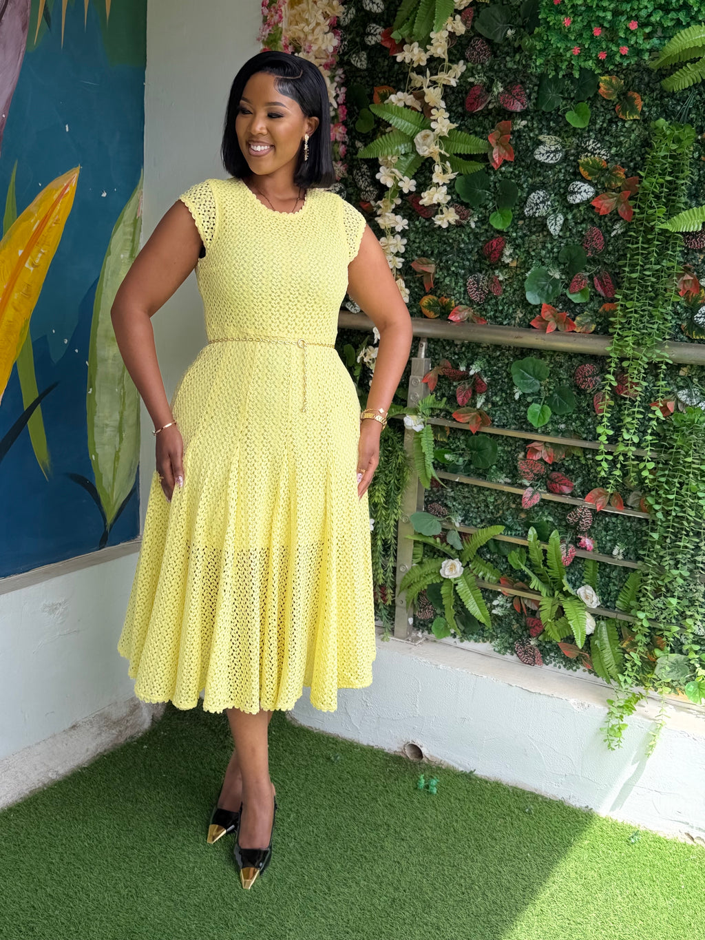Yellow Lace Chain Belt Dress