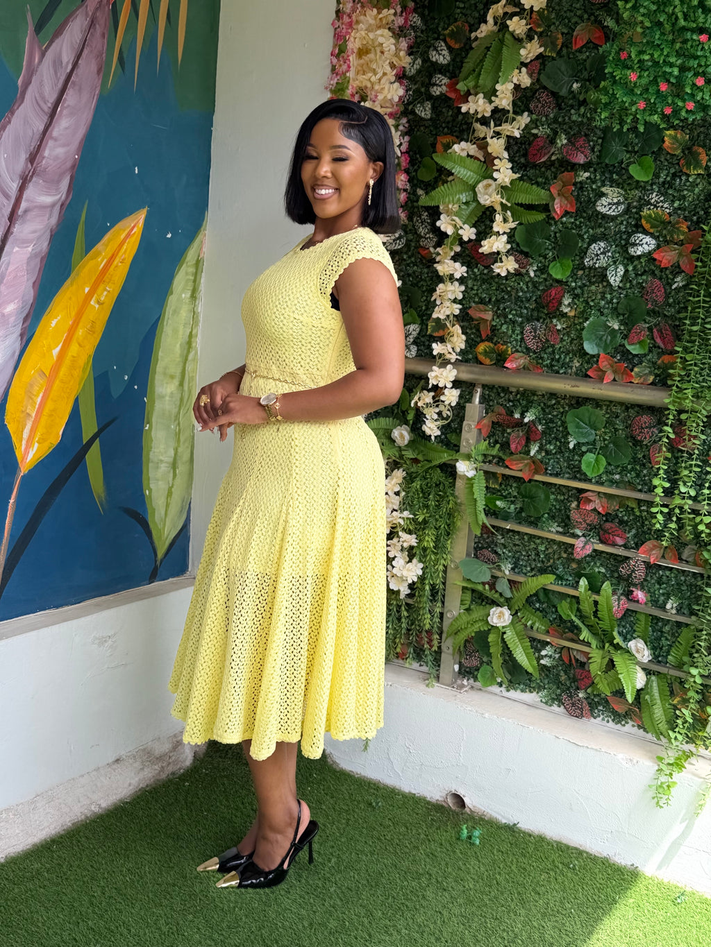 Yellow Lace Chain Belt Dress