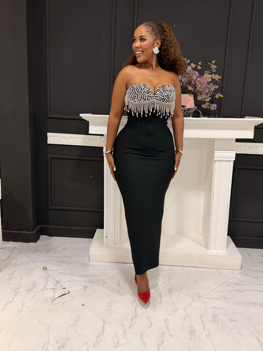 Goddess Off-Shoulder Chain Dress