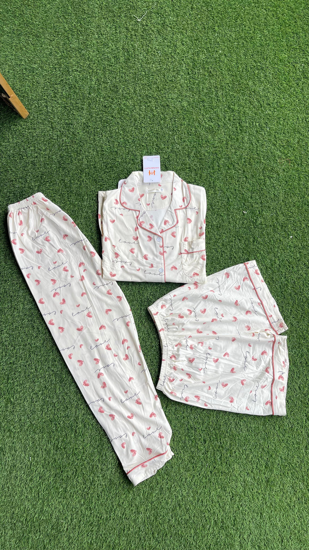 Cream with maroon hearts