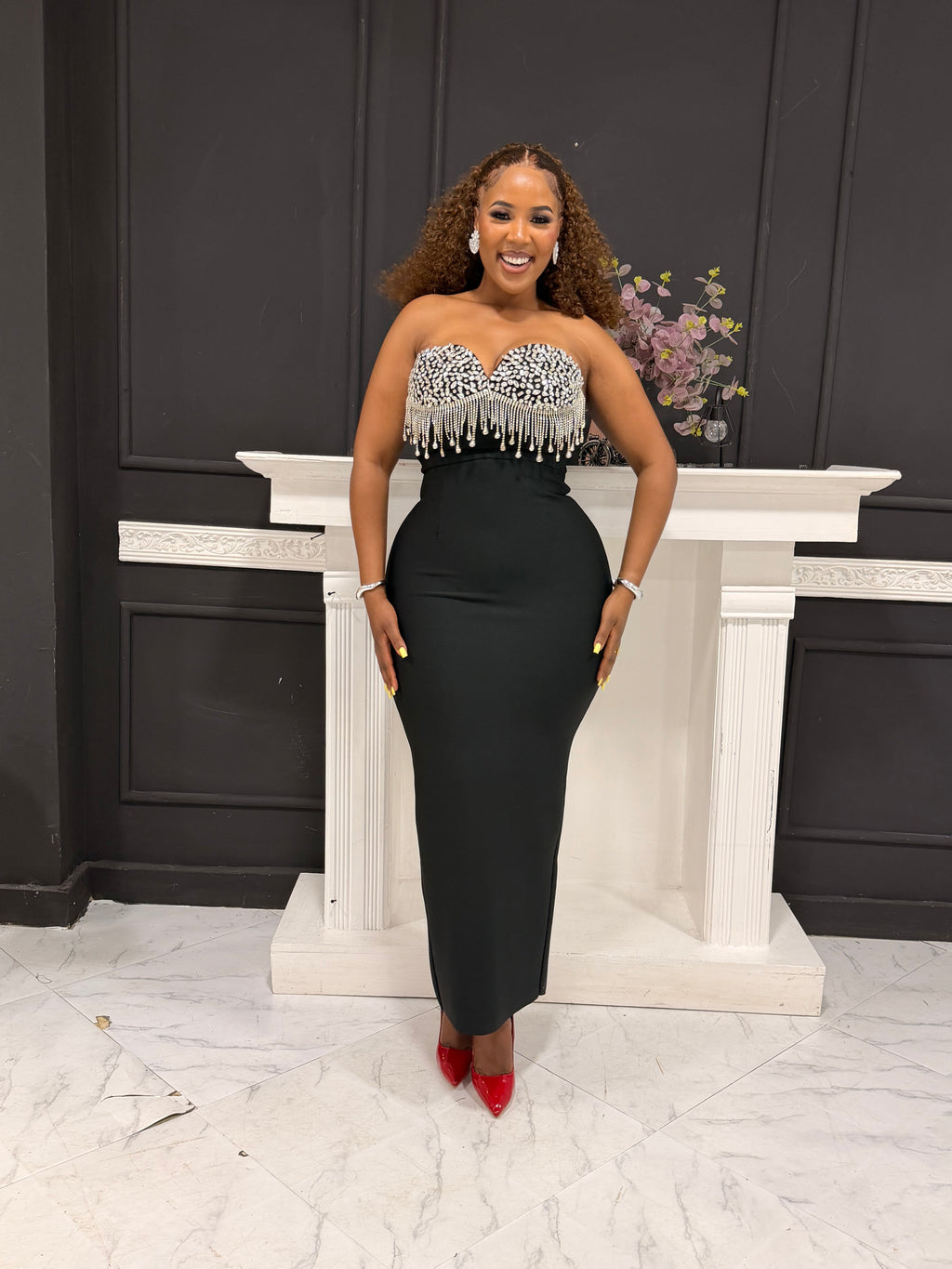 Goddess Off-Shoulder Chain Dress