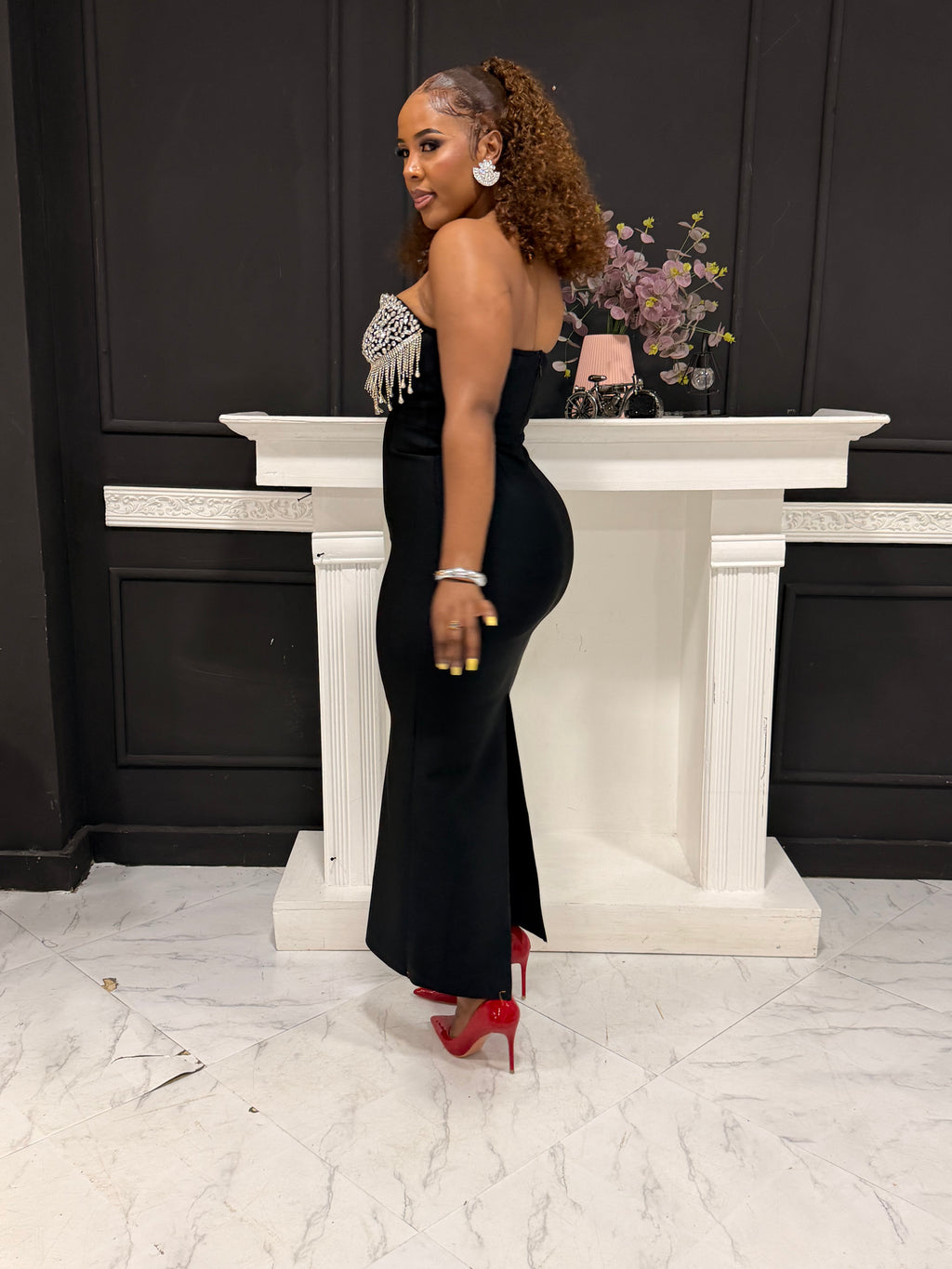 Goddess Off-Shoulder Chain Dress