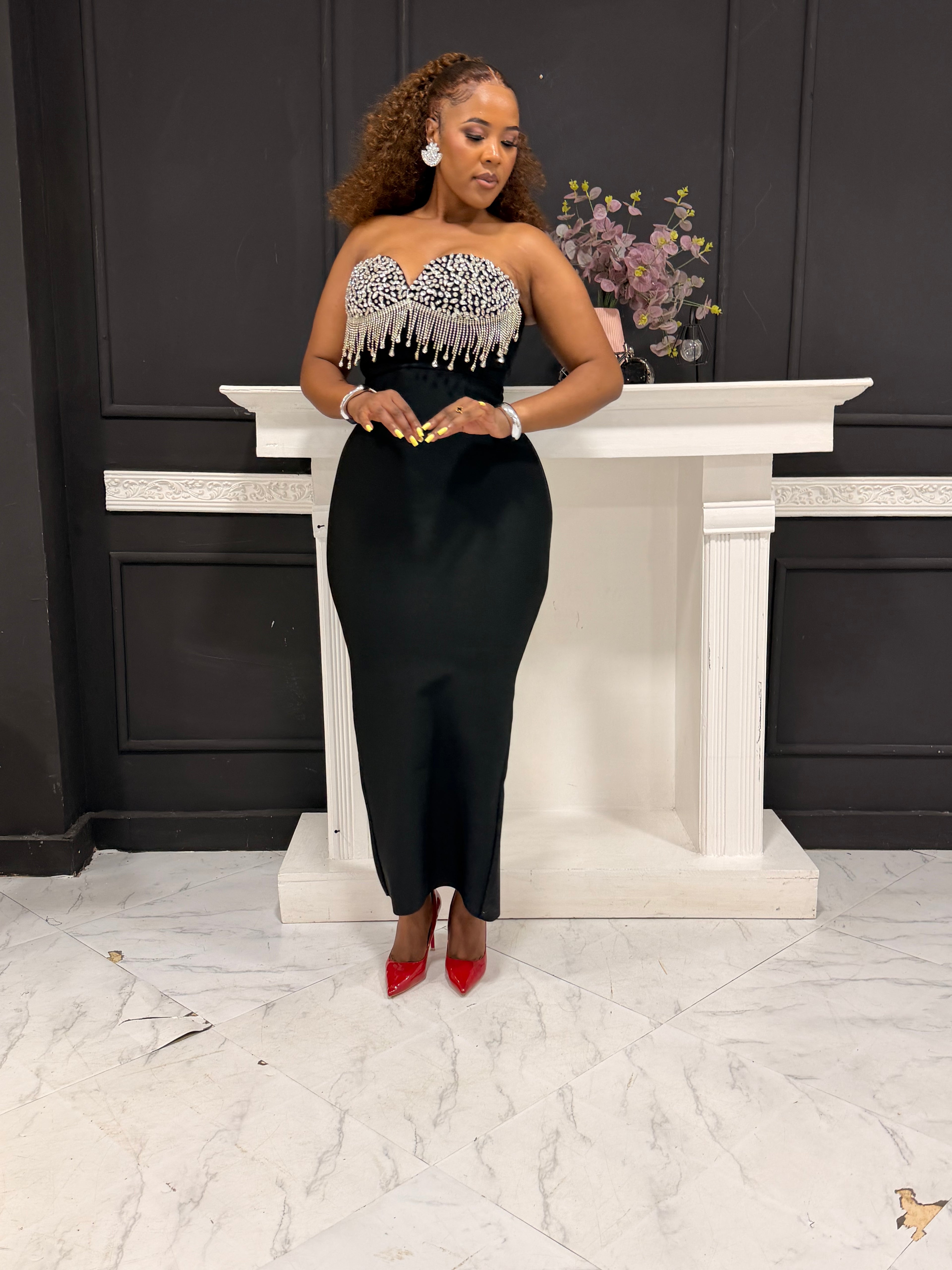 Goddess Off-Shoulder Chain Dress