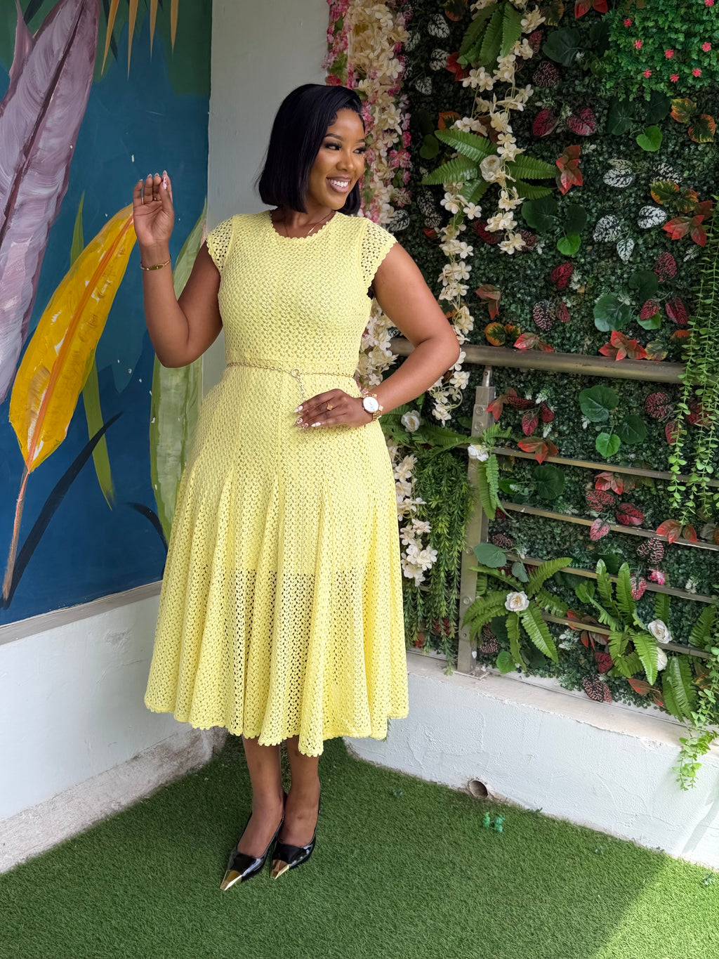 Yellow Lace Chain Belt Dress