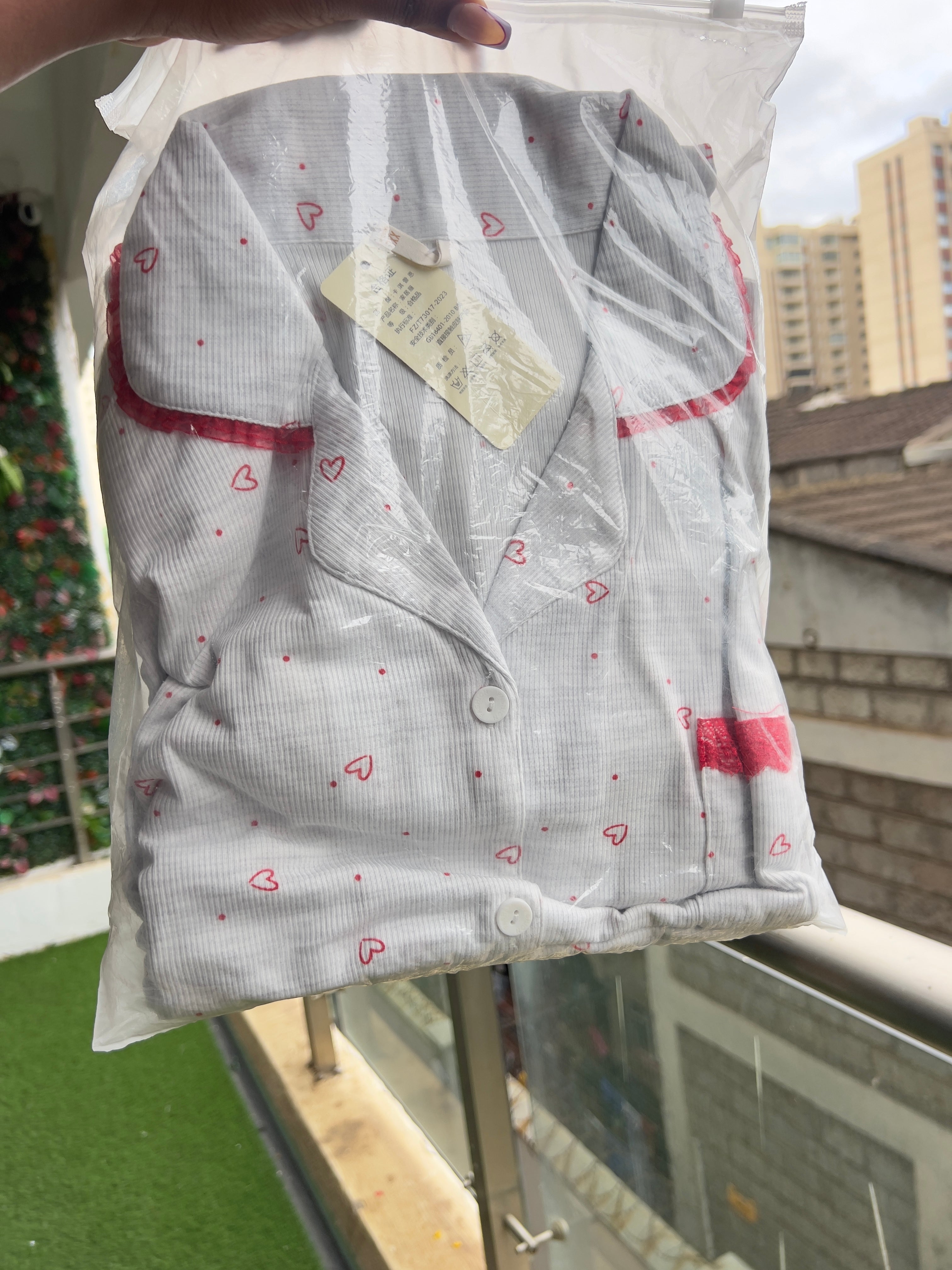 Grey with red hearts
