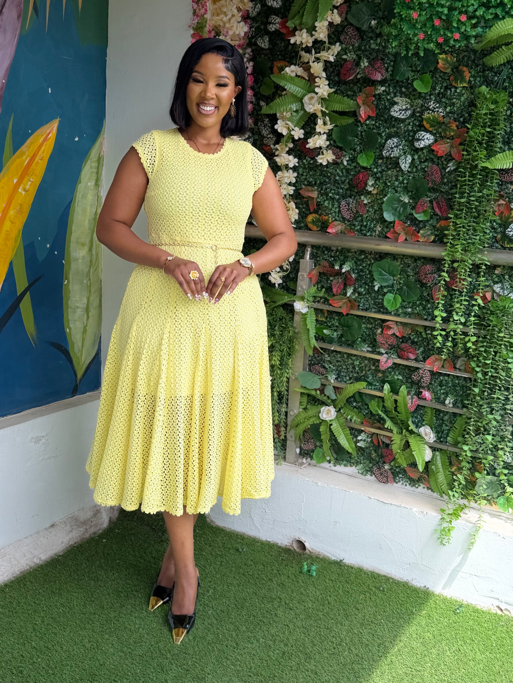 Yellow Lace Chain Belt Dress
